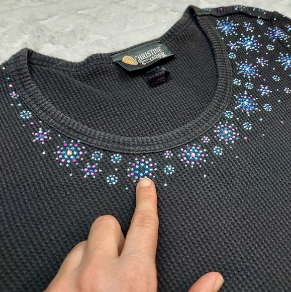 Christine Alexander Black Long Sleeve Rhinestone Detail Top Size L - Picture 8 of 11